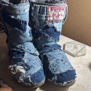 True Religion Blue Distressed UGG Denim Boots